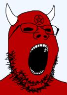 black_sclera demon facial_mark forehead_mark glasses horn mark_of_the_beast no_pupils open_mouth pentagram pentagram_forehead_mark red_skin satan soyjak star stubble variant:gapejak // 600x850 // 26.1KB