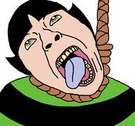 bloodshot_eyes buttercup_(character) cartoon cartoon_network clothes green_eyes hair hanging open_mouth powerpuff_girls rope soyjak suicide tongue variant:bernd yellow_teeth // 768x719 // 25.7KB