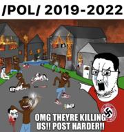 2019 2022 arm bloodshot_eyes clothes crying drawn_background female fire glasses hair hand multiple_soyjaks mustache nas:tyrone open_mouth pointing pol_(4chan) rape soyjak stubble text tshirt variant:chudjak variant:medsjak variant:two_pointing_soyjaks // 959x1024 // 879.1KB