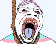 bloodshot_eyes crying dead flag glasses hair hanging mustache open_mouth purple_hair rope soyjak stubble suicide template tongue tranny variant:goopjak yellow_teeth // 800x630 // 56.6KB
