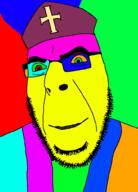 blue_skin christianity clothes cyan_skin glasses green_eyes green_sclera hair hat orange_sclera pink_skin priest red_eyes smile smug soyjak stubble tallit teeth trend:colorjak variant:cobson // 721x1000 // 50.6KB