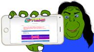 clothes flag frenschan frog glasses green green_skin hair happy_merchant holding_object holding_phone judaism makeup matrix pepe phone retro screenshot smile smug soyjak stubble sunglasses synthwave text tranny tshirt variant:alicia website // 2218x1237 // 872.7KB