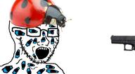 blue_eyes bug bug_hat glasses gun ladybug multiple_eyes open_mouth pistol soyjak stubble variant:soyak weapon // 941x518 // 246.2KB