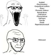 arm closed_mouth concerned death frown glasses hand hands_up holocaust open_mouth piracy place_japan rape reddit safe_edgy soyjak stubble subvariant:wewjak suicide twitter variant:soyak // 393x393 // 16.7KB