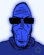 angry blue_shirt blue_skin european_union glasses glowing star_(symbol) subvariant:euromutt sunglasses sweater trend:glowie variant:markiplier_soyjak // 1039x1300 // 139.6KB