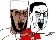2soyjaks angry arm beard bloodshot_eyes brown_skin clothes crying glasses hair hand islam nazism open_mouth pointing soyjak swastika taqiyah tshirt variant:chudjak // 1440x1044 // 87.3KB