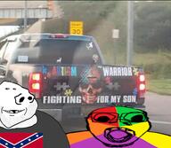 american_flag autism confederate_flag puzzle_piece road_sign skull subvariant:arkansasjak subvariant:bartolomeo text trend:colorjak truck variant:bernd variant:impish_soyak_ears // 445x387 // 221.7KB