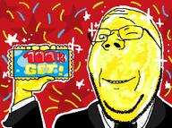 background bald beard bowtie confetti gemmy get glasses golden holding_object object party shiny sign smoking soyjak stars subvariant:wholesome_soyjak text trend:colorjak variant:gapejak // 1027x766 // 154.5KB