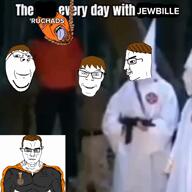 blue_eyes cross dan ext=mp4 face_covered gun hanging hood irl jubille_(user) mask meme meta:tagme noose orange_skin robe rope soyteen subvariant:muscular_chud subvariant:wholesome_soyjak text variant:bernd variant:chudjak variant:feraljak variant:gapejak video white_clothing white_skin // 1080x1080, 20.9s // 4.4MB