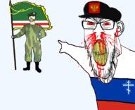 a10_eyes award beret blood bloodshot_eyes blue_eyes cap chechnya christianity clenched_teeth clothes coat_of_arms flag:chechnya flag:russia flag_bearer ginger hat orthodox orthodox_cross pointing russia seething subvariant:feralrage trend:aryan tshirt variant:feraljak yellow_teeth // 680x552 // 199.0KB