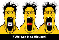 3soyjaks asian china flag:china flag:japan flag:south_korea glasses hiroyuki japan kim open_mouth small_eyes south_korea soyjak stretched_mouth stubble text variant:markiplier_soyjak yellow_skin zhang // 1776x1224 // 931.8KB