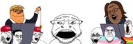 aids arm brown_hair brown_skin buck_teeth cancer clothes coin crying female full_body glasses hair hand hat hitler_mustache lips maga make_america_great_again moustache multiple_soyjaks open_mouth orange_skin pride_flag punisher_face purple_hair smile spade stubble suit tranny transgender_flag variant:bernd variant:buckteeth_soyjak variant:burnsjak variant:chudjak variant:coinjak variant:cryboy_soyjak variant:reaction_soyjak variant:shotjak variant:tony_soprano_soyjak yellow_hair zoophile // 3977x1317 // 546.1KB