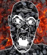angry big_eyes big_lips buck_teeth coal coal_background coal_skin disgusted ear glasses open_mouth soyjak stubble variant:halojak // 620x720 // 792.5KB