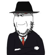 arm closed_mouth clothes crossed_arms darkness fedora glasses hat looking_at_you necktie red_eyes smile smirk smug soyjak stubble suit template variant:gapejak // 1200x1272 // 34.5KB