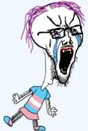 4chan adams_apple anime crying distorted glasses hair hairy open_mouth purple_hair red_eyes screaming tranny transgender_flag troon variant:soyak yotsoyba // 389x578 // 18.6KB