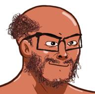 balding beard bronze closed_mouth glasses hair orange_skin smile soyjak variant:nujak // 1000x989 // 486.4KB