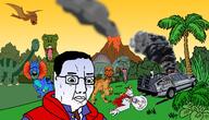 ack animal art back_to_the_future blood bloodshot_eyes bone car claw closed_mouth crash dead delorean dilophosaurus dinosaur diplodocus distorted drawn_background fern flying full_body glasses grass grey_hair jacket jungle lava lips marty_mcfly movie multiple_soyjaks nervous nose old open_mouth palm_tree prehistoric pteranodon reptile scared sharp_teeth smoke spinosaurus stubble subvariant:wholesome_soyjak sweating tail tongue tree tyrannosaurus variant:bernd variant:chudjak variant:cobson variant:el_perro_rabioso variant:feraljak variant:gapejak velociraptor volcano white_hair yellow_sclera yellow_teeth // 1600x918 // 310.8KB