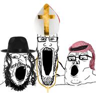 3soyjaks beard christian_cross christianity clothes gape glasses hair hat islam jewish_nose jews muslims necklace open_mouth original_content payos soyjak stubble teeth trend:soyjak_trio variant:gapejak variant:markiplier_soyjak variant:tony_soprano_soyjak // 828x800 // 2.5MB