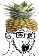 bloodshot_eyes clothes crying ear food foodjak fruit glasses hand hat open_mouth pineapple scared soyjak stubble variant:soyak // 680x960 // 599.9KB