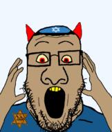 badge blue_shirt brown_skin buck_teeth clothes demon demon_horns hand hands_up hat horn jewish_nose judaism kike kippah looking_down open_mouth red_eyes soyjak star_of_david stubble subvariant:ppplier transparent_background variant:markiplier_soyjak variant:ppp yellow_sclera yellow_teeth // 519x616 // 101.2KB