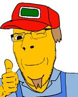 closed_mouth clothes glasses hand hat overalls smile smug sneed soyjak stubble subvariant:nucob thumbs_up variant:cobson wink // 541x671 // 29.5KB