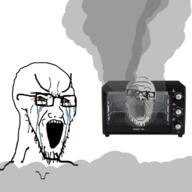 2soyjaks bloodshot_eyes crying dead glasses large_eyebrows microwave open_mouth smoke soyjak stretched_mouth stubble variant:a24_slowburn_soyjak variant:soyak // 720x720 // 146.2KB