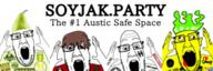 4soyjaks anime arm autism badge banner brown_hair buck_teeth clothes crazed crazy cross_eyed ear fan food foodjak fruit glasses hair hand hat higurashi maebara_keiichi minion nazism open_mouth pear soyjak soyjak_party stubble text tongue variant:ppp video_game visual_novel white_background yellow_skin // 300x100 // 43.0KB
