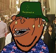 amerimutt australia brown_skin clothes ear flag flag:australia hat open_mouth soyjak star_(symbol) stubble subvariant:impish_amerimutt variant:impish_soyak_ears // 882x822 // 785.3KB