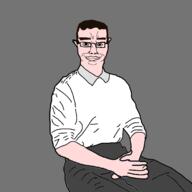 Astrofene_(namefag) art brown_eyes brown_hair classical_art_parody closed_mouth ear full_body glasses gray_pants hair happy joost_klein lips pale_skin sitting smile soyjak subvariant:chudjak_front thick_eyebrows traced variant:chudjak white_shirt white_skin // 1500x1500 // 155.9KB