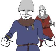 2soyjaks arm armor blue_eyes closed_mouth clothes cross hand helmet medal medieval merge nasal_helmet pointing smile soyjak subvariant:chudjak_front variant:chudjak variant:cobson variant:shirtjak // 618x559 // 114.1KB