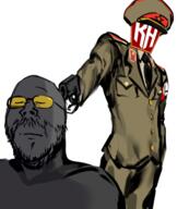 admin armband artist:shemmysloota closed_eyes clothes drawing gun hat kolyma kuz military_uniform necktie officer_cap pistol pointing sharty soot soyjak_party star suit variant:carterjak variant:gapejak variant:kuzjak // 1131x1254 // 576.3KB