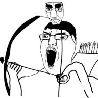 2soyjaks arm arrow bow_(weapon) closed_mouth clothes dean glasses hair hand hat holding_object open_mouth soyjak subvariant:dean thick_eyebrows variant:chudjak // 1200x1200 // 316.9KB