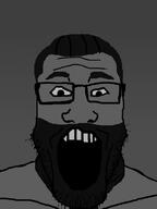 black_and_white gigachad glasses grey_background hair open_mouth soyjak stubble thick_eyebrows variant:markiplier_soyjak // 600x800 // 93.2KB