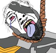 armor bloodshot_eyes clothes crying glasses green_teeth hair hanging metal_gear mustache open_mouth raiden rope soyjak stubble suicide tongue variant:bernd video_game white_hair yellow_teeth // 768x719 // 119.5KB