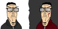 Alextheshartyhetero(user) alfietheboorufag(user) black_hood black_jacket blood clean_shaven clone doppelganger glasses green_eyes hair hoodie meta:op_took_a_selfie_of_xerself no_stubble open_mouth red_eyes red_hood red_jacket scratch_mark shaved subvariant:euromutt variant:markiplier_soyjak white_skin wound // 1278x637 // 30.0KB