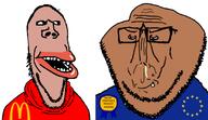 2soyjaks amerimutt award blue_shirt booger euromutt european_union glasses mcdonalds open_mouth opposite red_shirt smile stubble subvariant:euromutt subvariant:impish_amerimutt variant:impish_soyak_ears variant:markiplier_soyjak // 1104x637 // 121.9KB