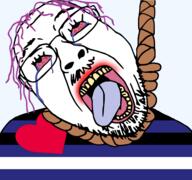 bloodshot_eyes crying dead fetish flag gay glasses hair hanging leather mustache open_mouth pride purple_hair rope soyjak stubble suicide tongue tranny variant:bernd yellow_teeth // 3216x3010 // 1.5MB