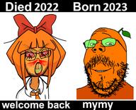 2022 2023 2soyjaks angry blood bloodshot_eyes bow clothes cracked_teeth dyed_hair eyebrows froot ginger_hair glasses green_glasses leaf meme mymy_(ongezellig) necktie ongezellig orange orange_hair orange_skin rage raging seething smile stubble subvariant:feralrage subvariant:wholesome_soyjak variant:feraljak variant:gapejak // 716x580 // 245.1KB
