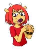arm bloodshot_eyes bug clothes crying glasses hamburger hand holding_object open_mouth red_hair soyjak stubble variant:cryboy_soyjak video_game // 439x539 // 120.8KB