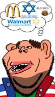 beard blacked brown_beard brown_hair ear green_shirt gun hamburger jacket mcdonalds open_mouth soyjak stubble subvariant:impish_amerimutt tan_skin thought_bubble united_states variant:impish_soyak_ears walmart // 598x1058 // 239.2KB