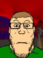 brown_hair closed_mouth clothes doom doom_(game) doomguy ear glasses green_shirt hell neutral soyjak stubble subvariant:neutralplier variant:markiplier_soyjak white_skin // 600x800 // 321.9KB