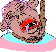 amerimutt anti_mutt bloodshot_eyes brown_skin crying dead ear flag glasses hair hanging lipstick mustache open_mouth purple_hair rope self_portrait soyjak stubble suicide tongue tranny variant:bernd yellow_teeth // 760x704 // 280.6KB