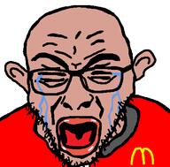 amerimutt brown_skin closed_eyes clothes crying ear glasses mcdonalds open_mouth soyjak stubble variant:rupturejak // 423x416 // 12.7KB
