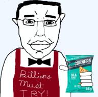 arm bowtie chips closed_mouth clothes ear food glasses hair hand holding_object millions_must_die popcorners smile soyjak subvariant:chudjak_front variant:chudjak // 649x647 // 127.2KB