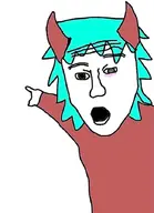 cyan_hair green_eyes horn open_mouth pointing variant:two_pointing_soyjaks // 511x704 // 35.6KB
