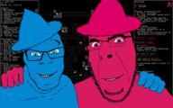 2soyjaks blue_eyes blue_skin friendship glasses hugging looking_at_you mordred no_more_brother_wars pink_eyes pink_skin retro rift_wizard smile stubble text variant:cobson variant:feraljak video_game wizard wizard_hat // 1920x1200 // 241.9KB