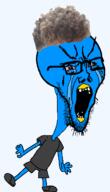 bloodshot_eyes blue blue_skin clothes crying full_body glasses gray_pants gray_shirt hair open_mouth series:x_inmigrants soyjak stubble tshirt twitter variant:soyak yellow zoomer zoomer_hair // 382x665 // 65.5KB