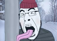 ahegao clothes glasses hat irl_background open_mouth soyjak stubble tongue variant:cobson variant:yaroslavtv winter // 1154x834 // 194.3KB