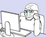 arm blue_background chair closed_mouth computer crying glasses hand holding_object keyboard sad soyjak stubble table variant:soyak // 1024x822 // 527.2KB