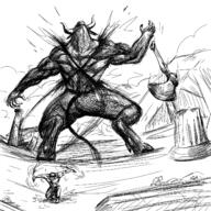 artist:sleep_chvd axe black_and_white cut drawing fantasy full_body minotaur muscles ruins sword variant:chudjak white_background // 1488x1488 // 1.2MB